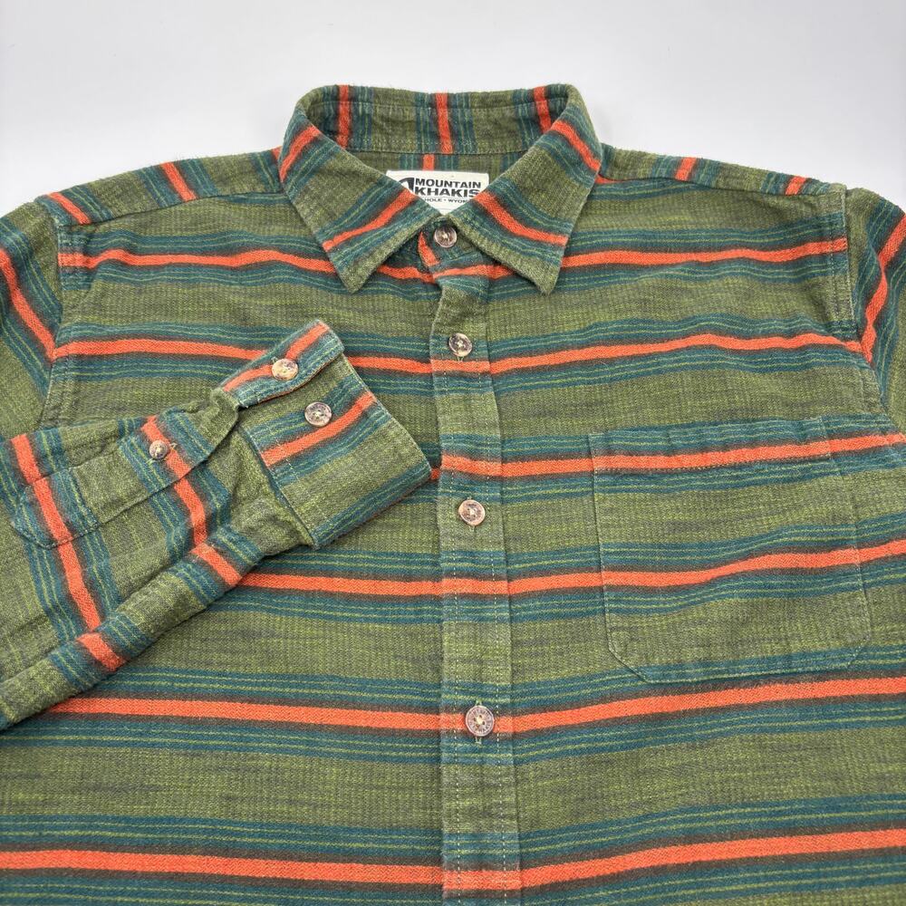 Mountain Khakis Medium Green Orange‎ Striped Long Sleeve Button Up Flannel Shirt